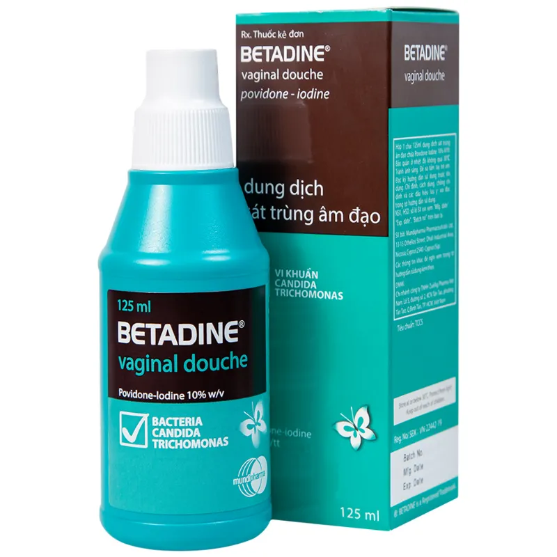 Chai dung dịch Povidone-iodine loãng chuyên dùng trong phụ khoa, có nhãn mác rõ ràng, kèm chú thích về việc chỉ sử dụng theo chỉ định của bác sĩ